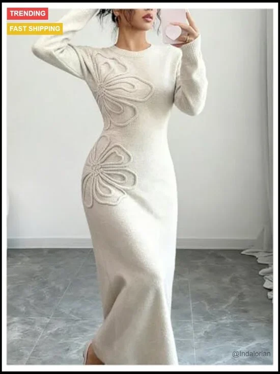 3D Floral Appliques Knit Sweater Dress Crewneck Long Sleeve Flared - Picture 2 of 5